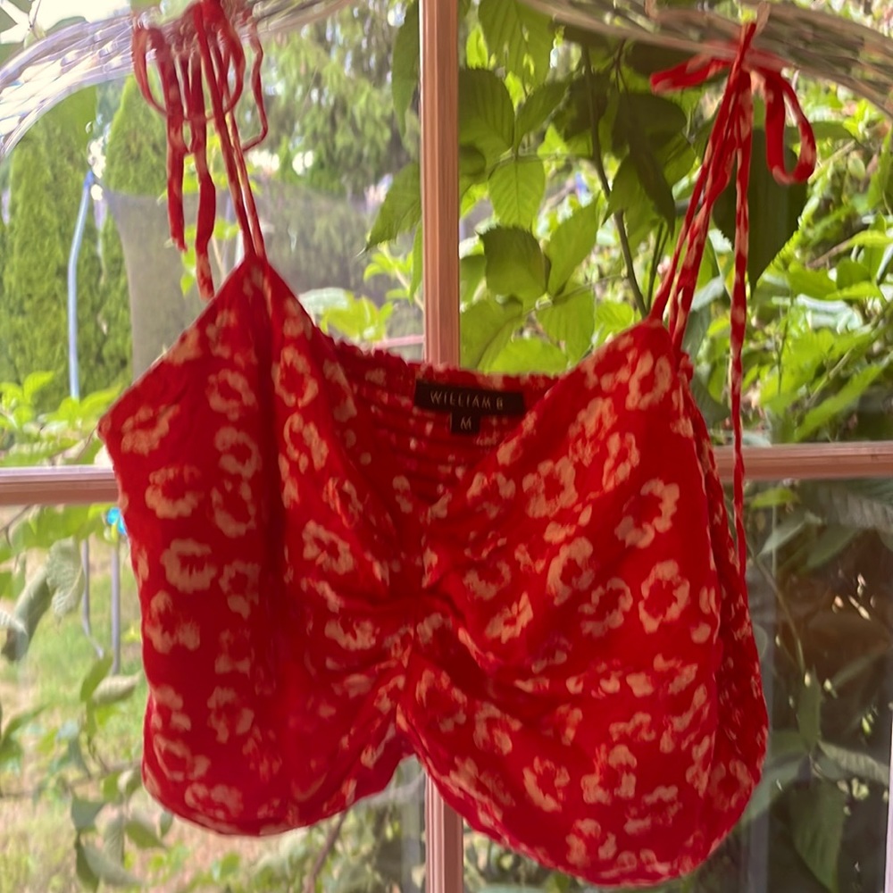 William B Red and white floral tie cami crop top size medium